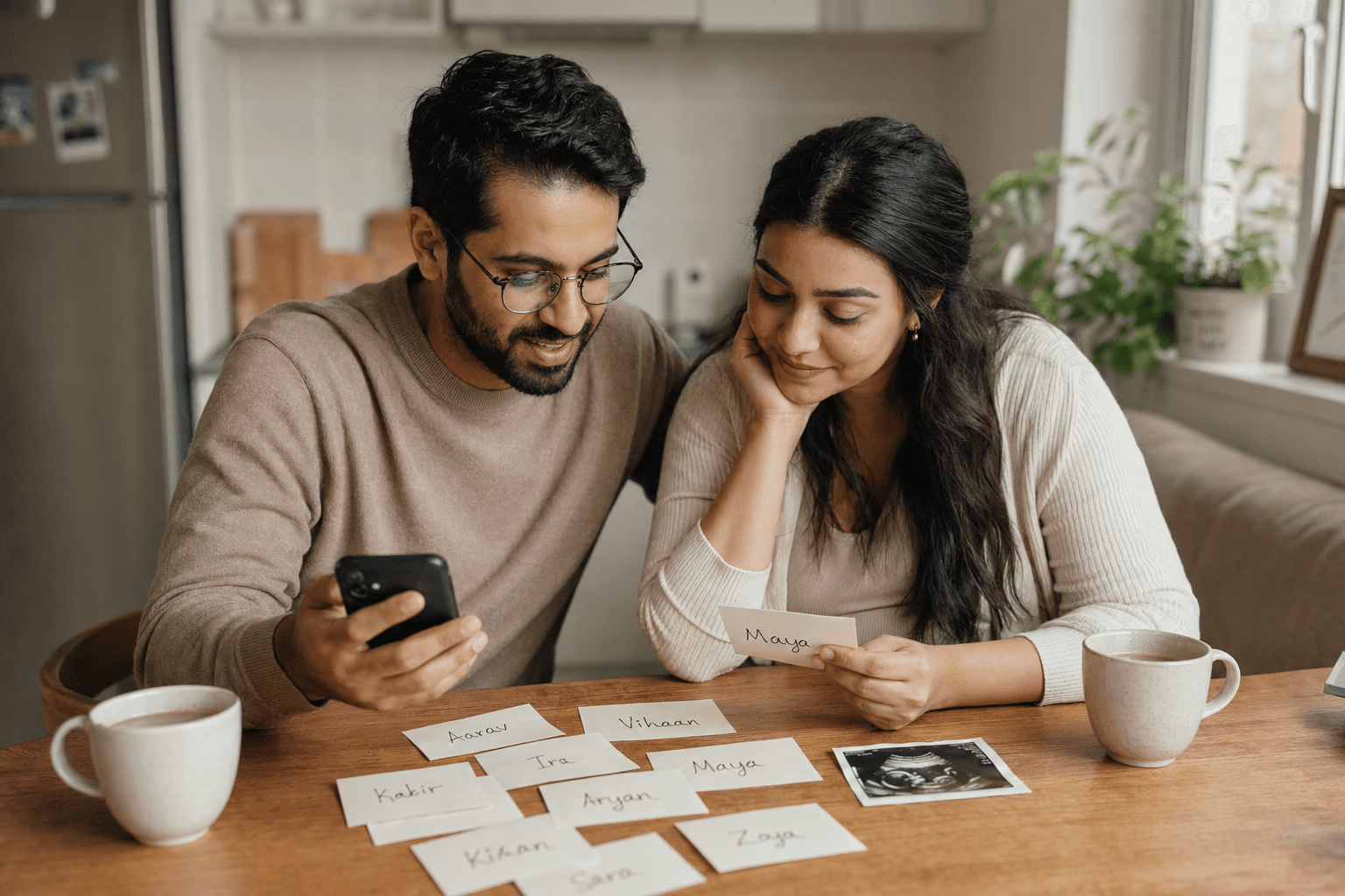 Parents comparing baby names together in a warm, editorial home setting.