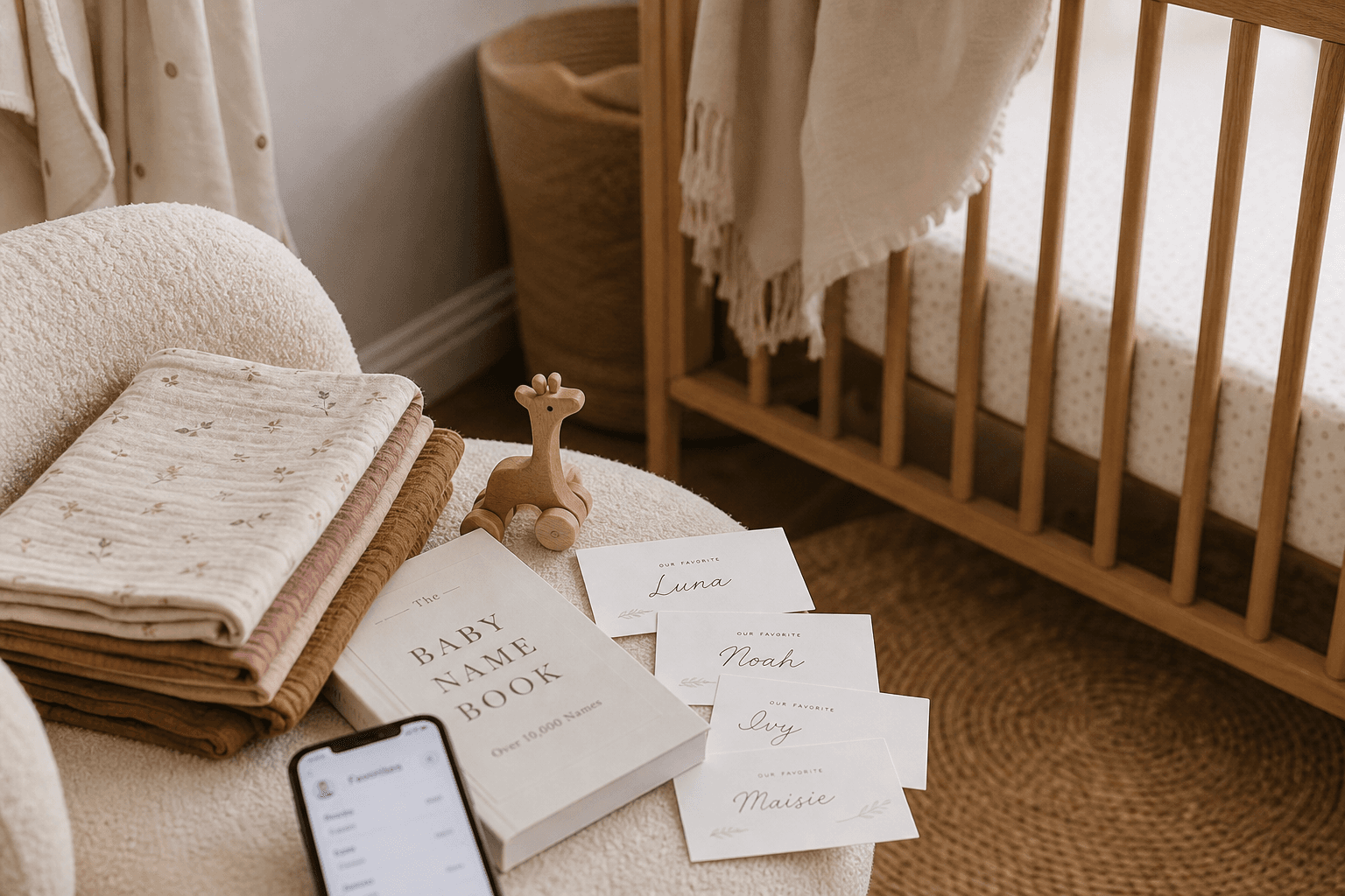 Nursery still life with baby-name cards and a shortlist in progress